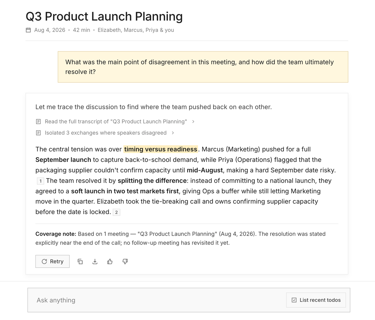 Zolash Chat answering a question across meetings