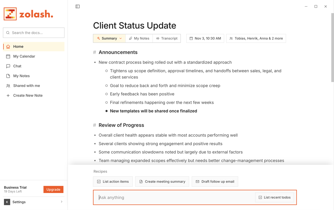 Zolash desktop app summarising a confidential meeting