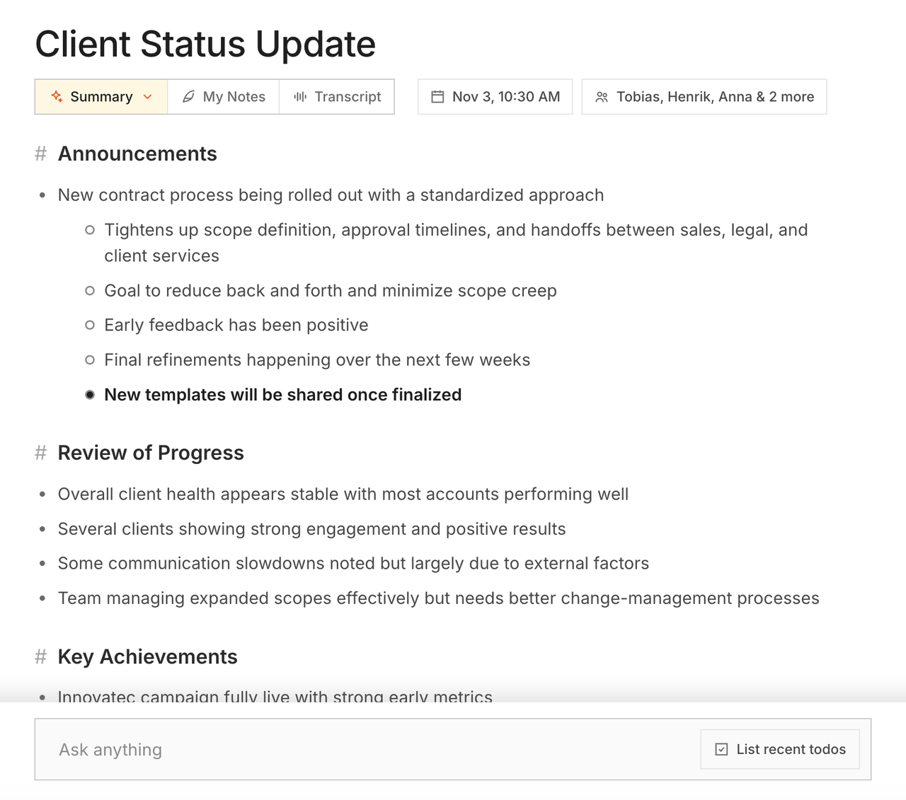 Zolash summary with action items