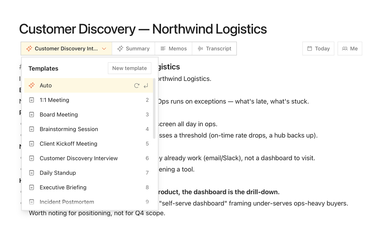 Zolash template picker for meeting summaries